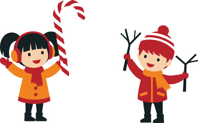 Cute kids building snowman winter season holiday vector illustration editable vector