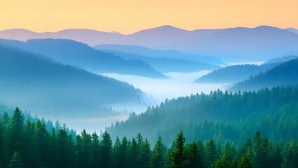 Fototapeta premium Misty mountain range landscape with layers of mountains and a forest in the foreground