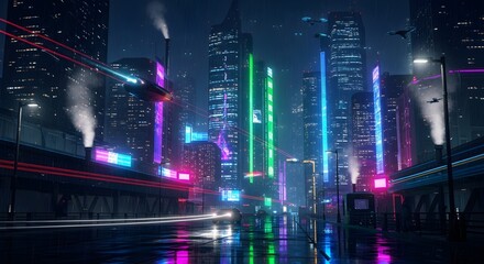 Immersive cyberpunk cityscape with neon lights illuminating rainy streets and flying vehicles creating a futuristic urban dreamscape at night