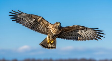 Fototapeta premium Majestic hawk soaring through the vibrant blue sky, wings spread wide.