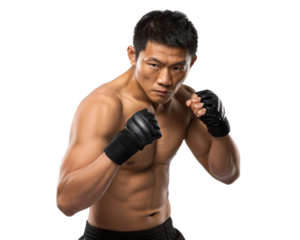  muscular Asian fighter wearing black fingerless combat gloves in a fighting stance, on transparent background 