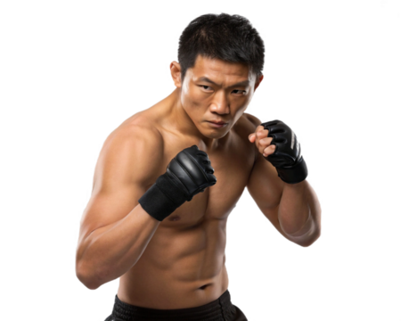  muscular Asian fighter wearing black fingerless combat gloves in a fighting stance, on transparent background 