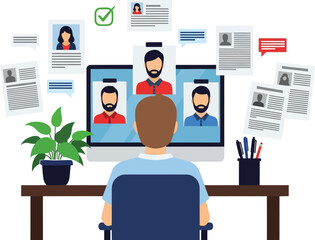 Online recruitment process virtual job interview hiring candidates editable vector