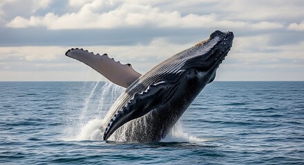 Fototapeta premium Majestic Humpback Whale Breaching Spectacularly Out of Deep Blue Ocean Water