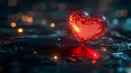 A vibrant digital heart glows with a red light, set against a dark, reflective surface with bokeh lights in the background, creating a romantic atmosphere.