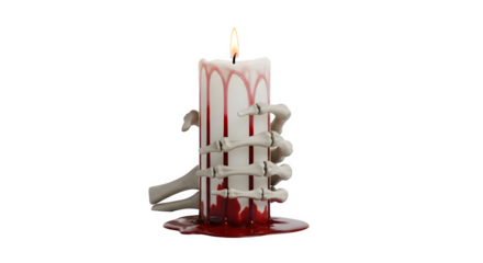 Skeletal hands gripping melting candle isolated png transparent background