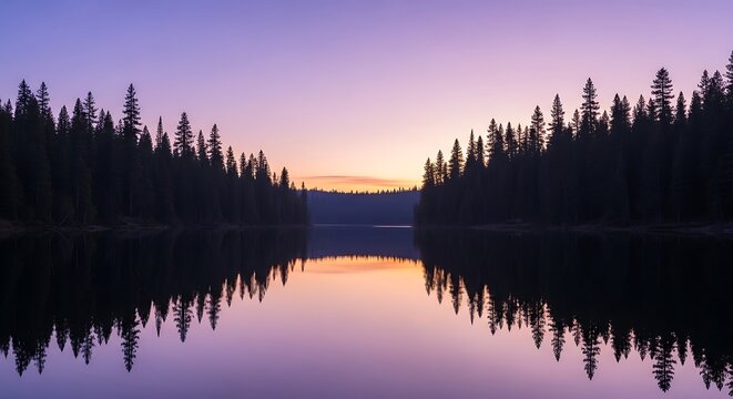 Serene forest lake at sunrise with purple sky and calm water reflection - Powered by Adobe