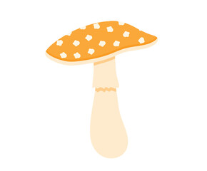 A cartoon illustration of a yellow mushroom with white spots, isolated on a white background