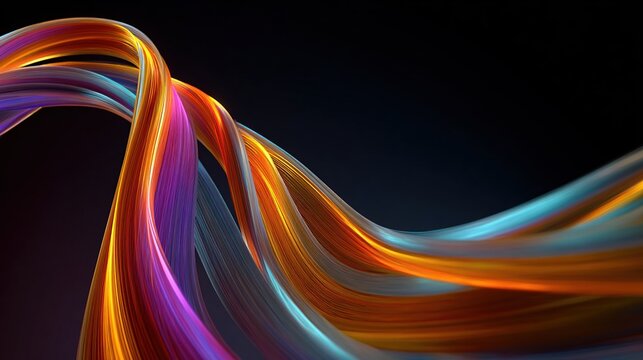 Abstract artwork of flowing ribbons in a range of vibrant colors, swirling against a dark background - Powered by Adobe