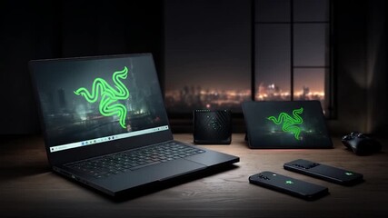Laptop and portable devices display digital cityscape in dim lighting - Powered by Adobe