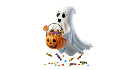 Happy ghost with halloween candy isolated png transparent background