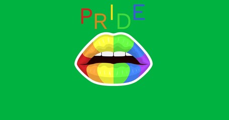 Animation of pride text with rainbow lips on transparent background - Powered by Adobe