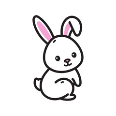 Cartoon White Rabbit with Pink Ears and Black Outline on Transparent Background Easter Spring Animal Illustration Drawing