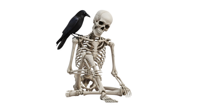 Skeleton and raven on black background isolated png transparent background