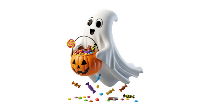 Happy ghost with halloween candy isolated png transparent background