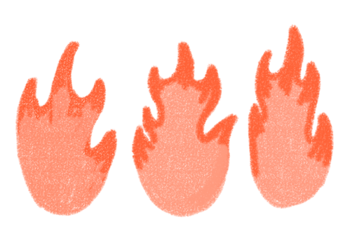 A set of flame illustrations drawn with rough pencil strokes, design elements in PNG format with transparent background.