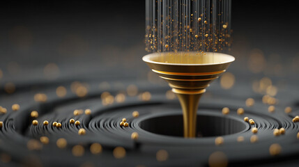 White gold silver–toned big data technology concept showing an information funnel, symbolizing data flow, analytics, and the transformation of massive datasets into actionable insights.