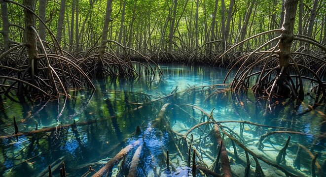 Mangrove forest with clear blue water and exposed roots.