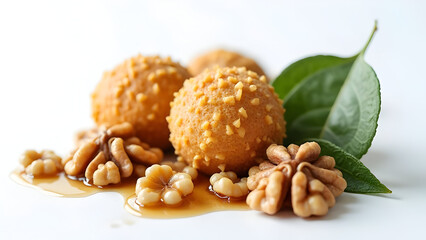 Fototapeta premium Individual Muhalabieh Honeyed Walnuts Sage Leaves Clean Studio