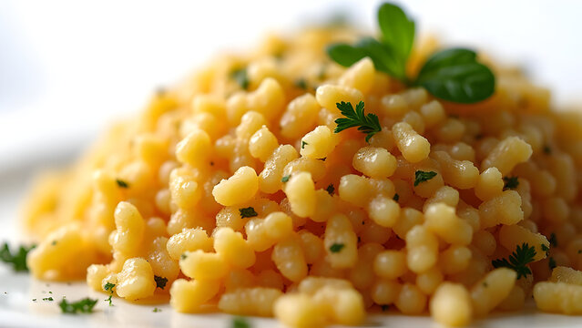 Detailed couscous close-up on studio white background