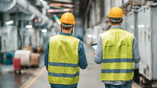 Two industrial workers in hard hats and safety vests walking through a factory, one using a tablet for inspection and quality control.