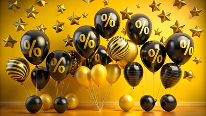 Festive black and gold balloons with percentage signs for a sale event