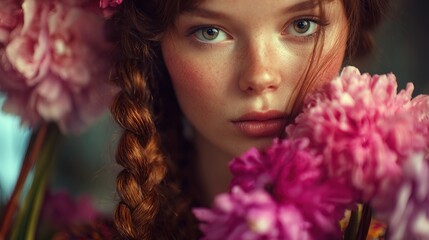 A portrait of a fair-skinned redhead surrounded by blooming pink flowers, gazing serenely