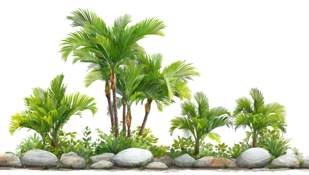 Tropical plants in a row, edged with stones