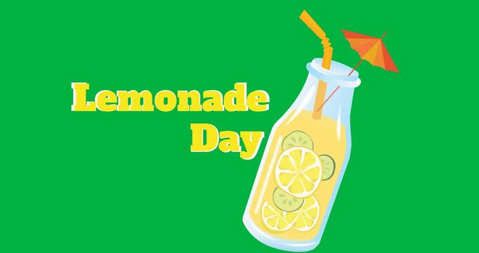 Lemonade day text banner with lemonade glass bottle against transparent background
