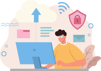 Cloud Computing Illustration of a Man Uploading Data with Computer and Cloud Icons in Pastel Colors on Transparent Background
