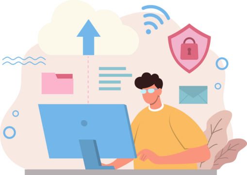 Cloud Computing Illustration of a Man Uploading Data with Computer and Cloud Icons in Pastel Colors on Transparent Background
