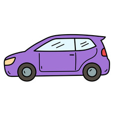 Cartoonish Purple Hatchback Car with Black Outline and Gray Wheels on a Transparent Background Vector Illustration