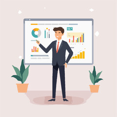 Vector Illustration of Businesswoman Giving Presentation with Flowchart on Whiteboard in Office