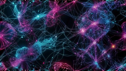 Colorful neon abstract network of glowing lines on dark background