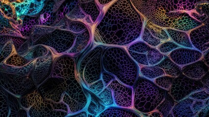 Obraz premium Abstract colorful 3D mesh pattern with glowing rainbow reflections and futuristic depth