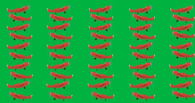 Digital animation of multiple red airplane icons in seamless pattern against transparent background