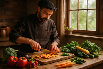 Chef prepares fresh vegetables on rustic wooden table in a sunlit kitchen.