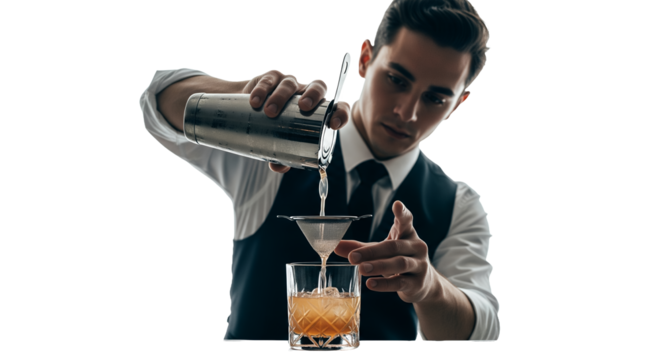 Bartender mixing cocktail, pouring drink into glass