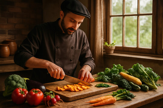 Chef prepares fresh vegetables on rustic wooden table in a sunlit kitchen. - Powered by Adobe