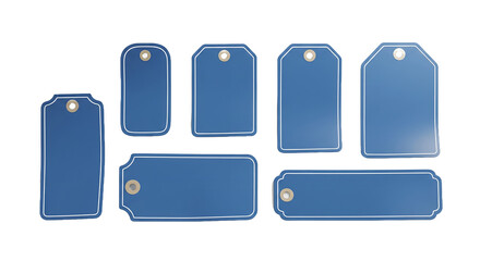 Blank Blue Tags, Different Shapes and Sizes, with White Borders and String Holes, 3D Render on a White Background