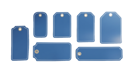 Blank Blue Tags, Different Shapes and Sizes, with White Borders and String Holes, 3D Render on a White Background