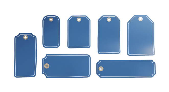 Blank Blue Tags, Different Shapes and Sizes, with White Borders and String Holes, 3D Render on a White Background