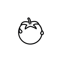 A black outline of a tomato with a stem leaves and teardrops. line icon editable stroke.