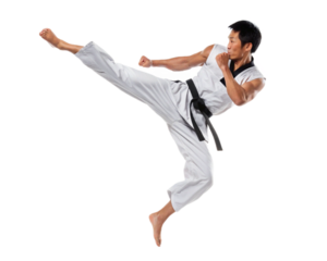 Male Asian Taekwondo athlete performing a mid air jump kick, on transparent background 