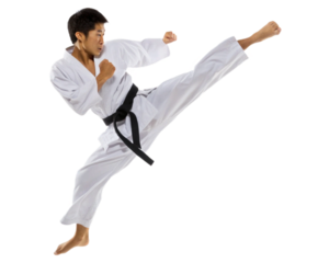 Male Asian Taekwondo athlete performing a mid air jump kick, on transparent background 