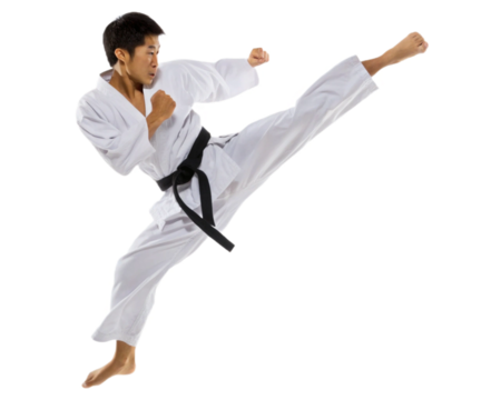 Male Asian Taekwondo athlete performing a mid air jump kick, on transparent background 