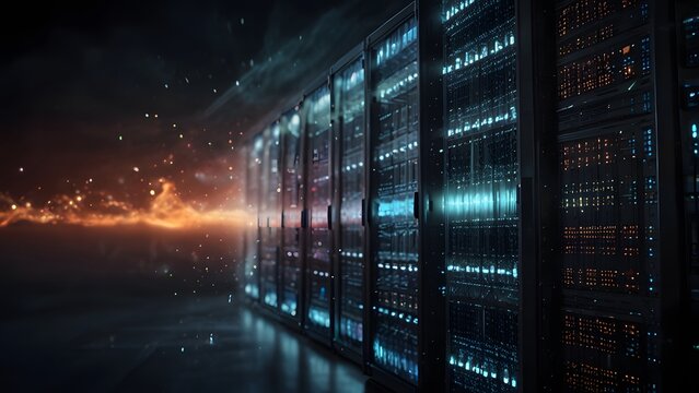 Dramatic conceptual depiction of powerful computer server racks extending into a luminous orange and blue cloud of digital data. Technology concept