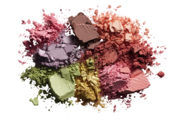 Colorful crushed eyeshadow powders in various shades of pink, mauve, and muted green on a black background