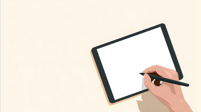 Hand using a stylus on a tablet with a blank white screen for mockup design. Technology concept
