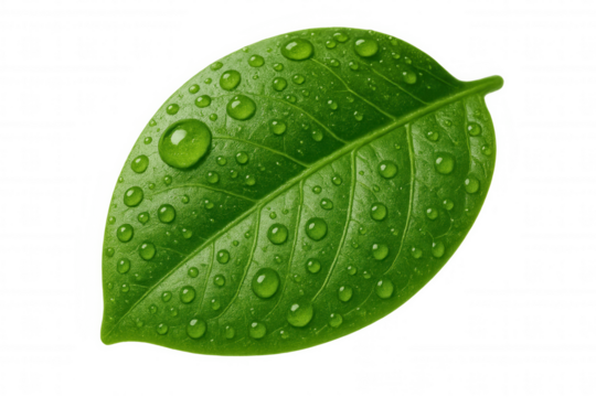 Green leaf with fresh water drops reflecting light, depicting purity, organic nature, and botanical freshness on transparent background - Powered by Adobe